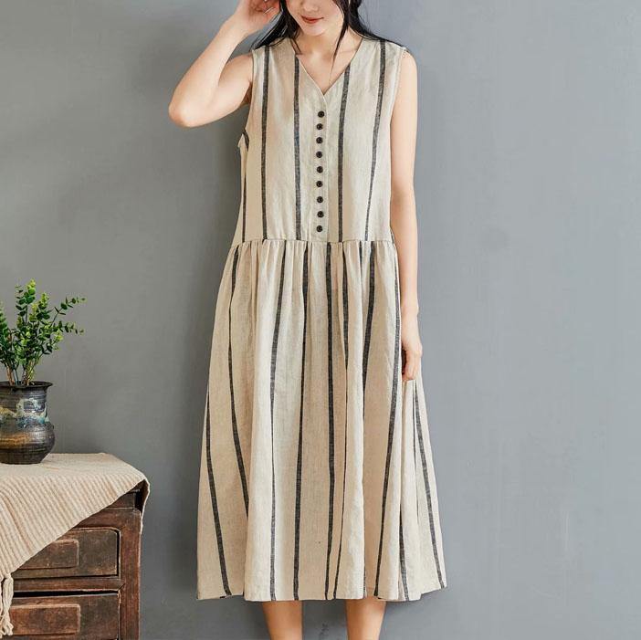 French khaki striped cotton clothes For Women v neck sleeveless long summer Dress - Omychic
