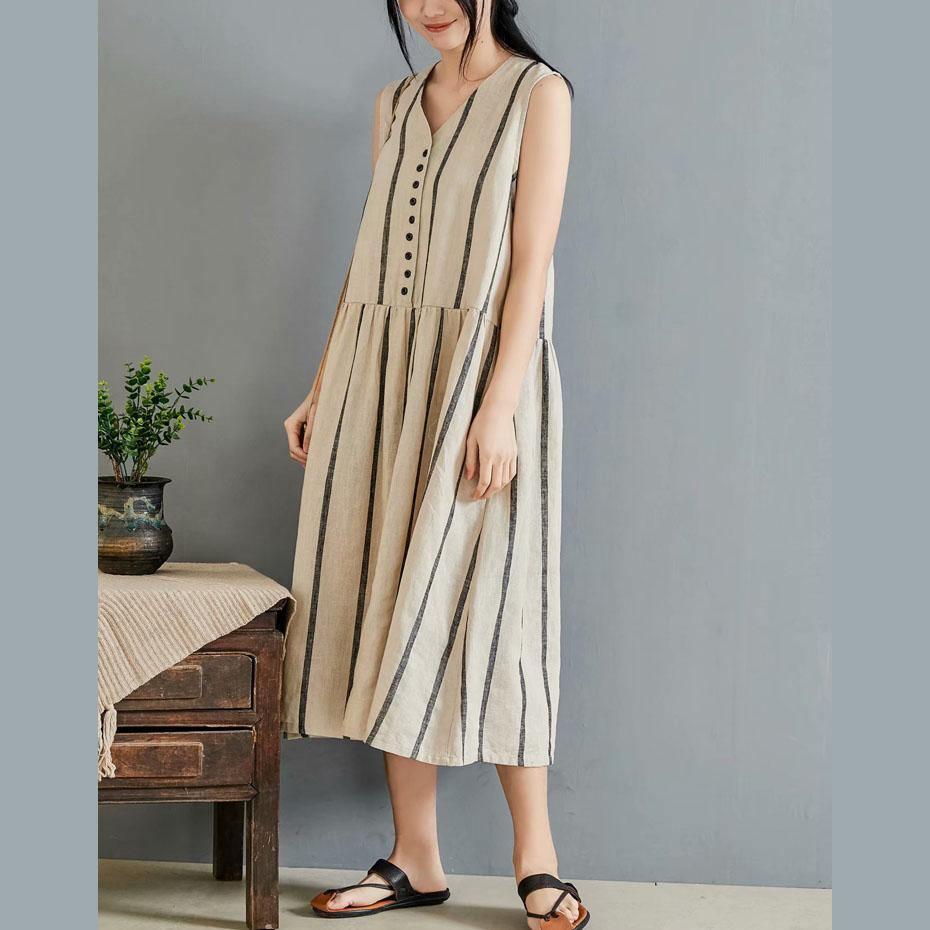 French khaki striped cotton clothes For Women v neck sleeveless long summer Dress - Omychic