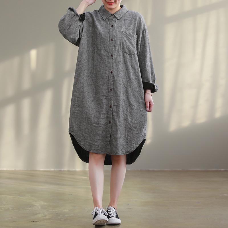 French lapel Button Down quilting clothes plus size Shape gray Plaid cotton Dresses - Omychic