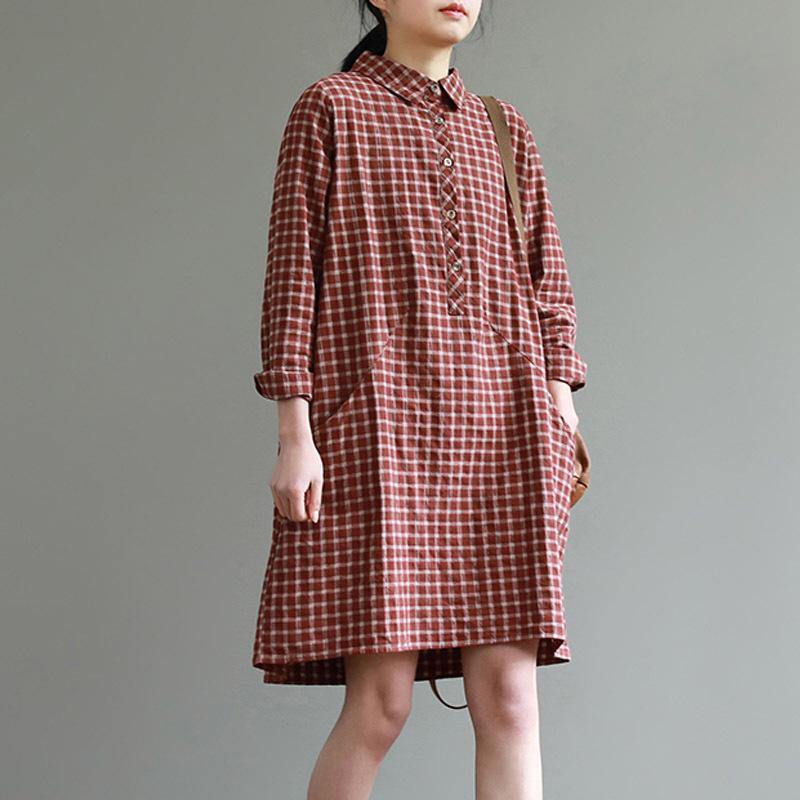 French lapel collar Cotton fall clothes design red plaid Dresses - Omychic