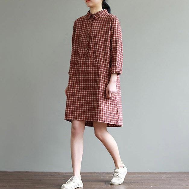 French lapel collar Cotton fall clothes design red plaid Dresses - Omychic