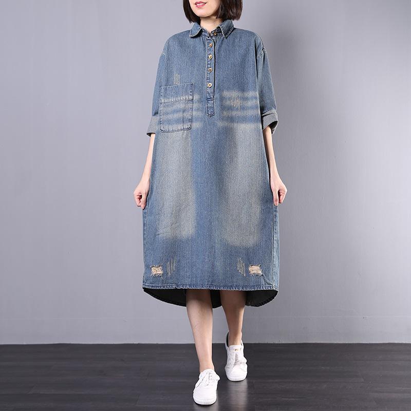 French lapel collar cotton Tunics Catwalk denim blue loose Dresses fall - Omychic