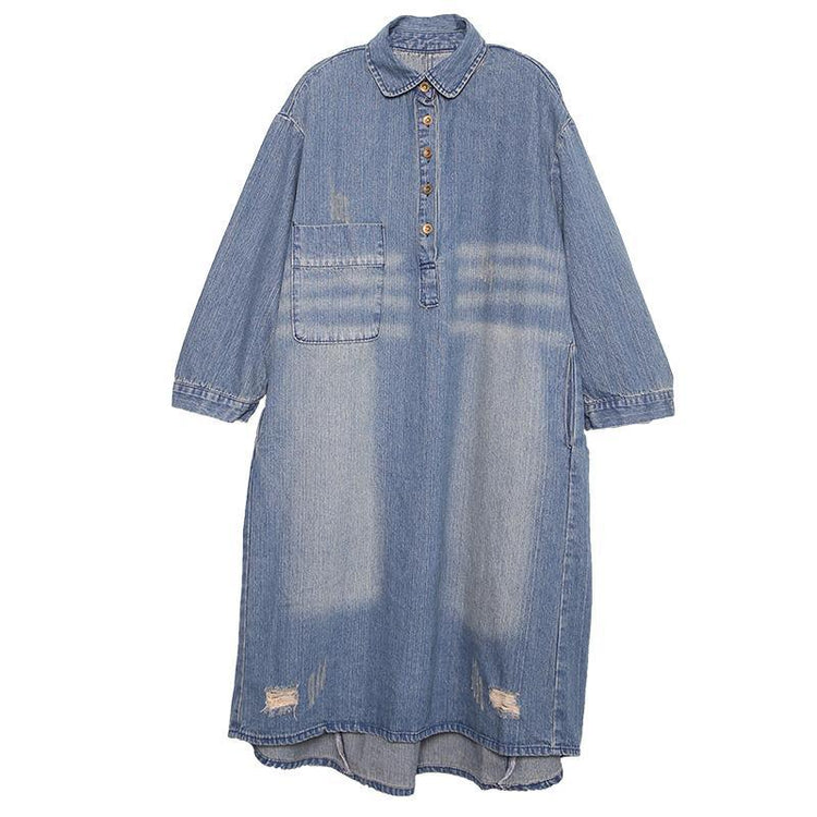 French lapel collar cotton Tunics Catwalk denim blue loose Dresses fall - Omychic