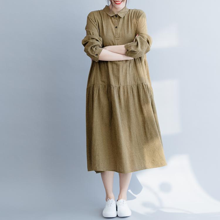 French lapel cotton linen clothes For Women Omychic linen yellow Plaid Maxi Dress spring - Omychic