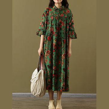 French lapel wrinkled linen cotton quilting dresses Photography green print Dress summer - Omychic
