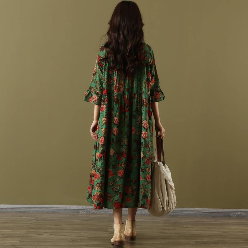 French lapel wrinkled linen cotton quilting dresses Photography green print Dress summer - Omychic
