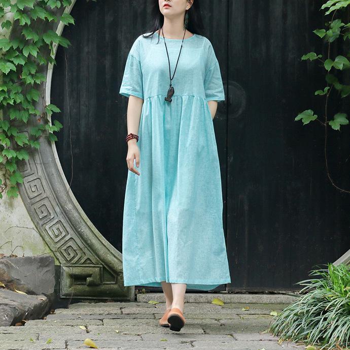 French Light Blue Cotton Linen Quilting Dresses Plus Size Inspiration O Neck Pockets Traveling Summer Dresses - Omychic