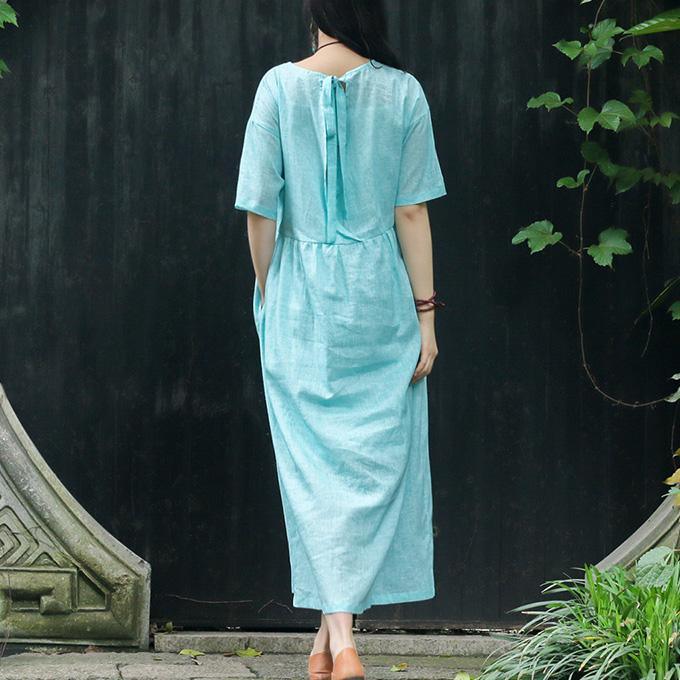 French Light Blue Cotton Linen Quilting Dresses Plus Size Inspiration O Neck Pockets Traveling Summer Dresses - Omychic