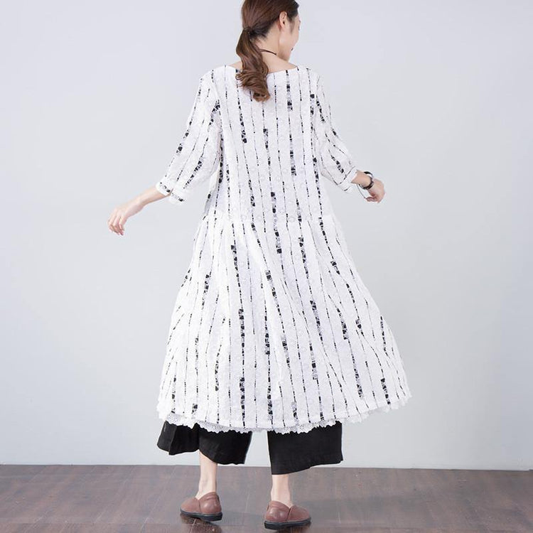 French linen Robes Boho Women Vintage Hollow Casual Three Quarter Sleeve White Dress - Omychic