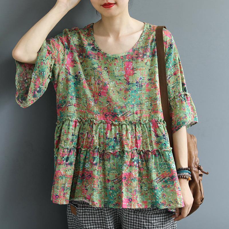 French linen Tunic stylish Print Spliced Cotton Linen Short Sleeve Blouse - Omychic