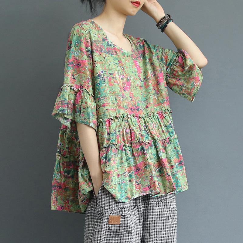 French linen Tunic stylish Print Spliced Cotton Linen Short Sleeve Blouse - Omychic