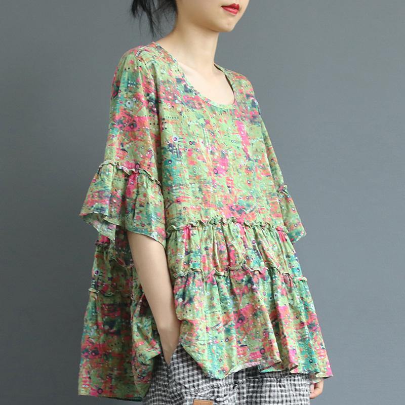 French linen Tunic stylish Print Spliced Cotton Linen Short Sleeve Blouse - Omychic