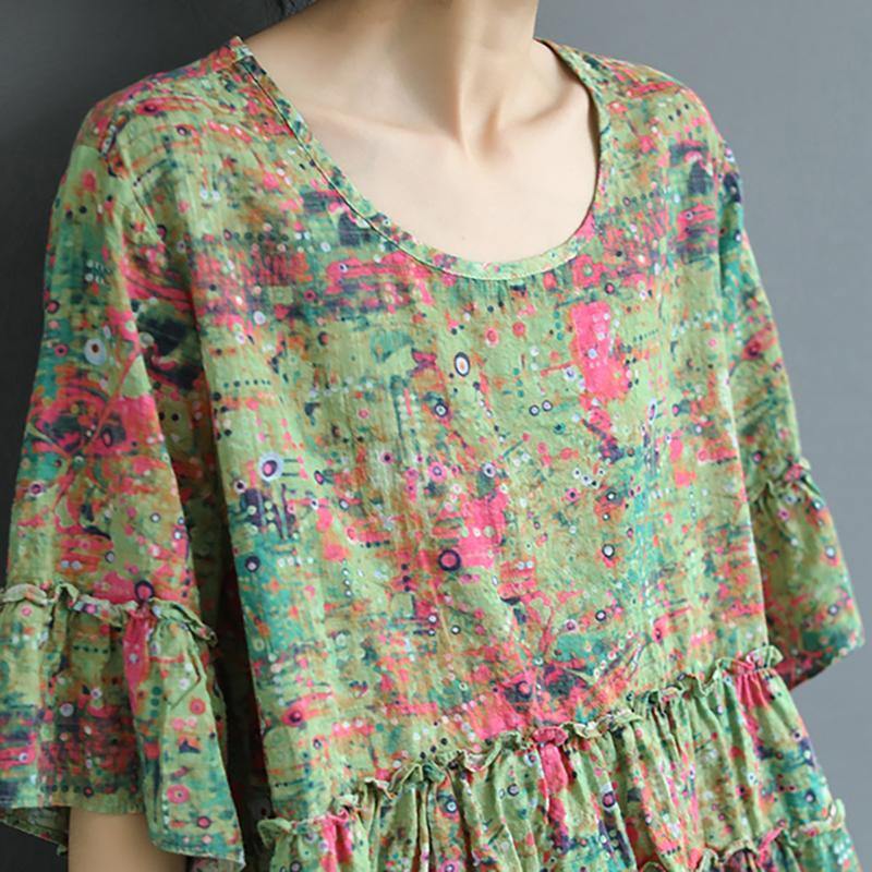 French linen Tunic stylish Print Spliced Cotton Linen Short Sleeve Blouse - Omychic