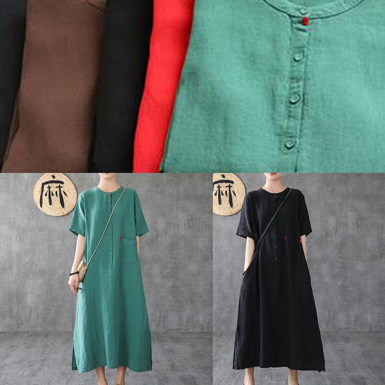 French linen clothes top quality black A-Line Loose Short Sleeve Embroidery Dress - Omychic