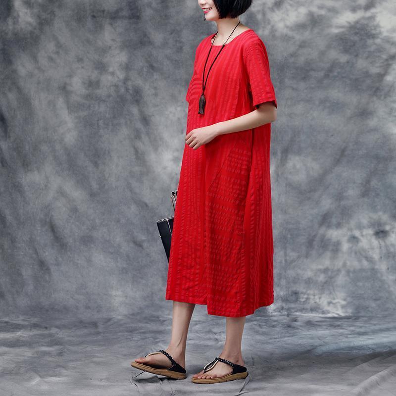 French linen cotton dress Fashion Summer Short Sleeve Casual Stripe Pockets Red Dress - Omychic