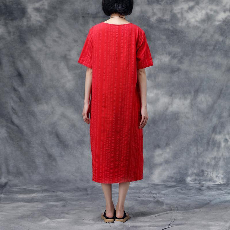 French linen cotton dress Fashion Summer Short Sleeve Casual Stripe Pockets Red Dress - Omychic