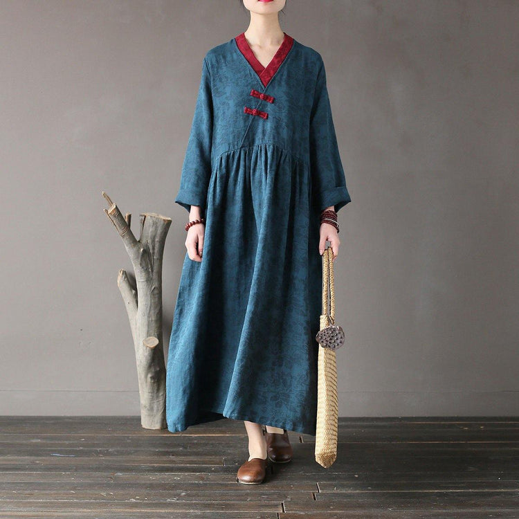 French linen dress stylish v neck patchwork Wardrobes blue asymmetric long Dresses - Omychic