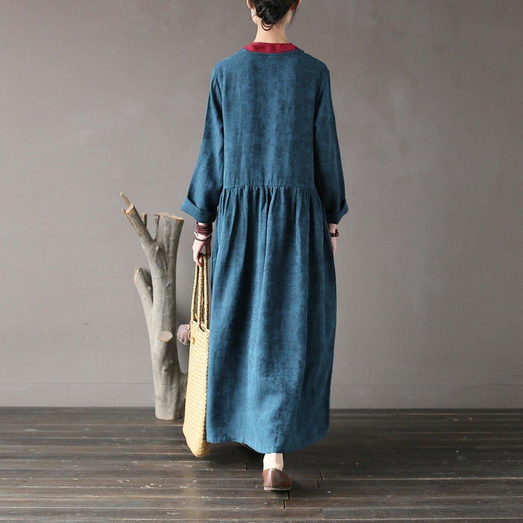 French linen dress stylish v neck patchwork Wardrobes blue asymmetric long Dresses - Omychic