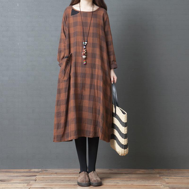 French long sleeve cotton linen Robes Organic Work Outfits khaki Maxi Dresses plaid - Omychic