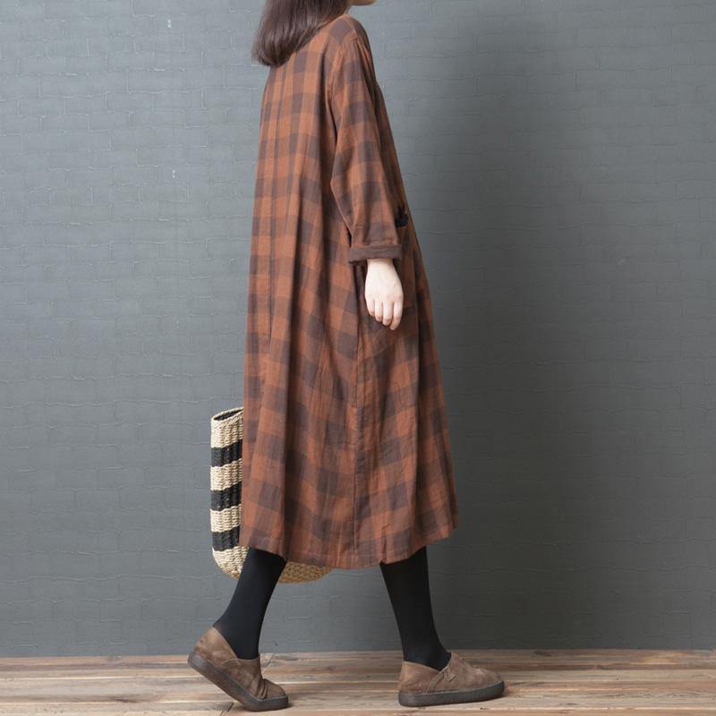 French long sleeve cotton linen Robes Organic Work Outfits khaki Maxi Dresses plaid - Omychic