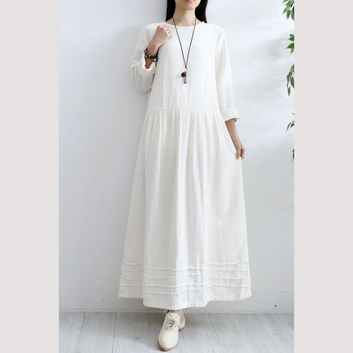 French Long Sleeve Cotton Quilting Clothes Neckline White Loose Dresses Fall ( Limited Stock) - Omychic