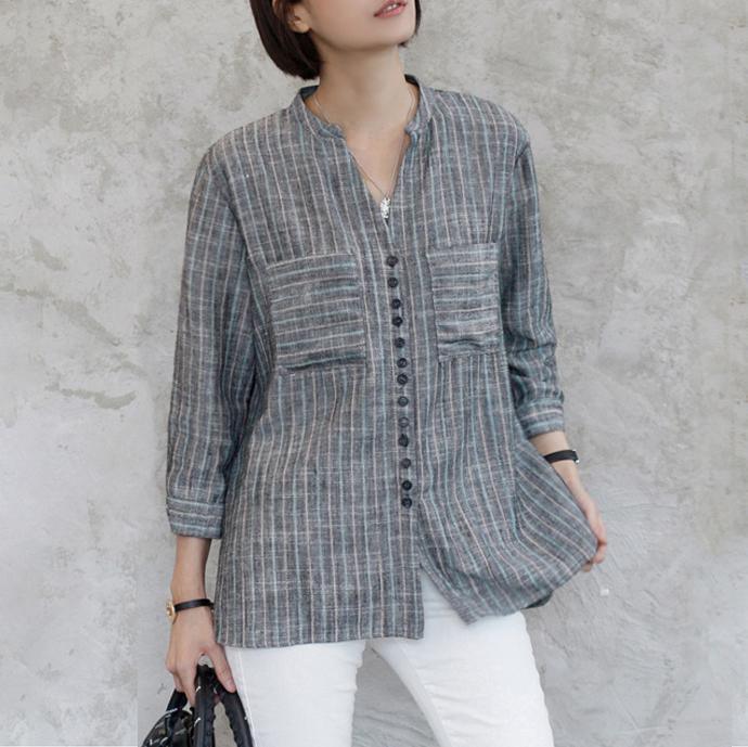 French long sleeve cotton v neck clothes gray striped oversized shirt - Omychic