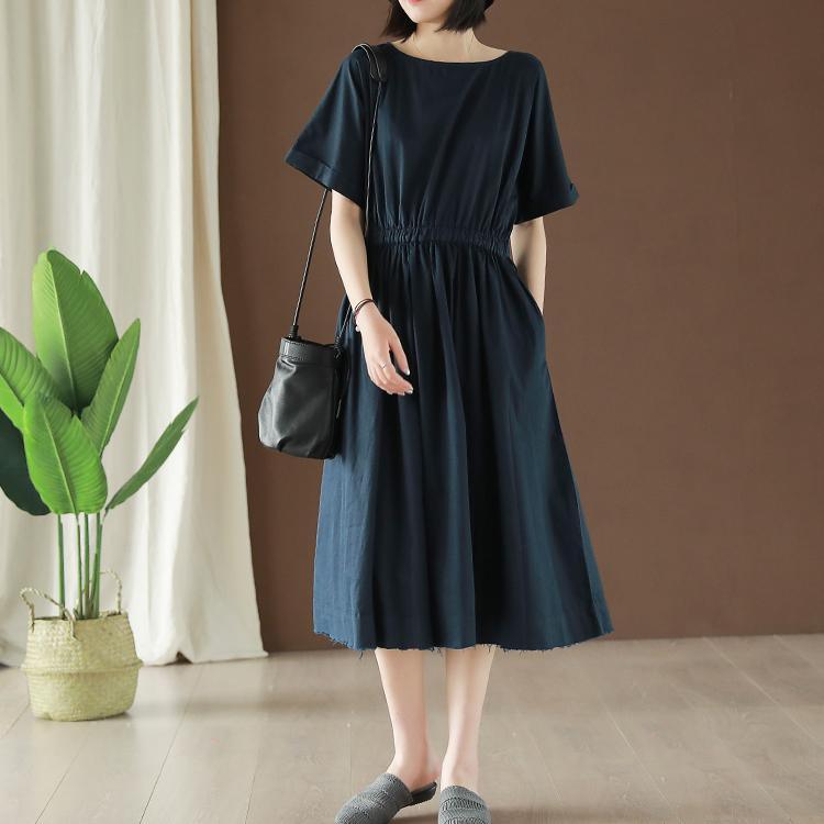 French navy cotton Long Shirts o neck elastic waist A Line summer Dress - Omychic
