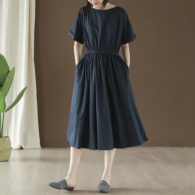 French navy cotton Long Shirts o neck elastic waist A Line summer Dress - Omychic