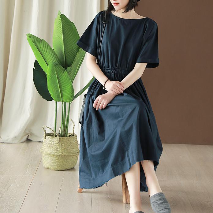 French navy cotton Long Shirts o neck elastic waist A Line summer Dress - Omychic