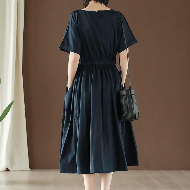 French navy cotton Long Shirts o neck elastic waist A Line summer Dress - Omychic