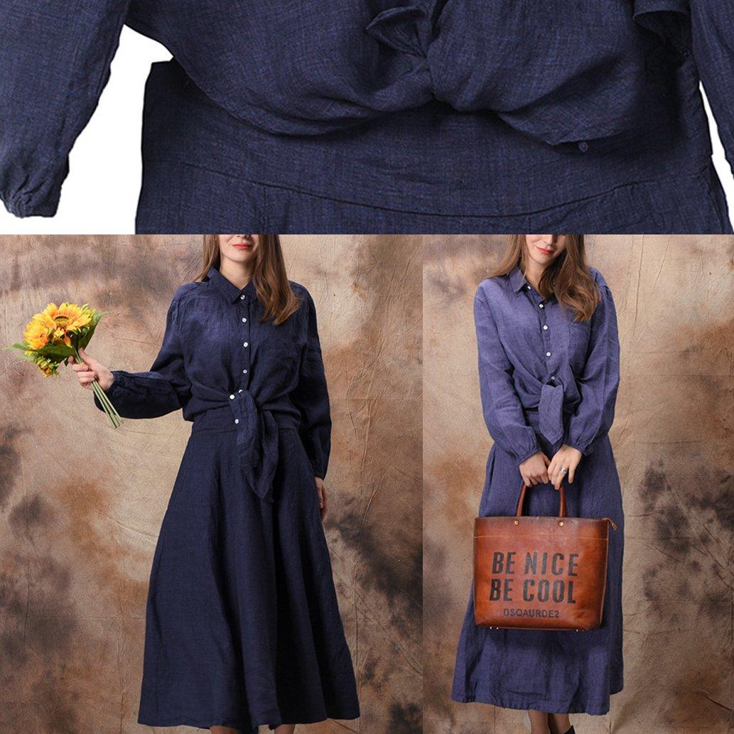 French navy cotton clothes Fine Shape lapel Bow Vestidos De Lino spring Dresses - Omychic
