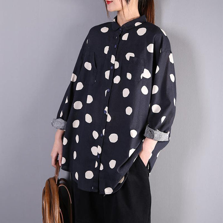 French navy dotted cotton Tunic lapel baggy Art top - Omychic