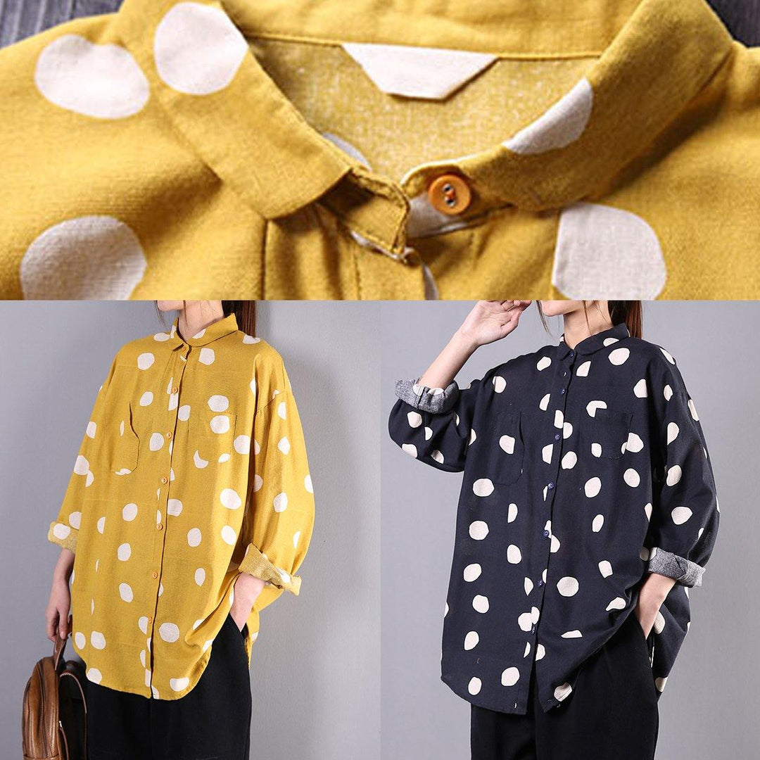 French navy dotted cotton Tunic lapel baggy Art top - Omychic