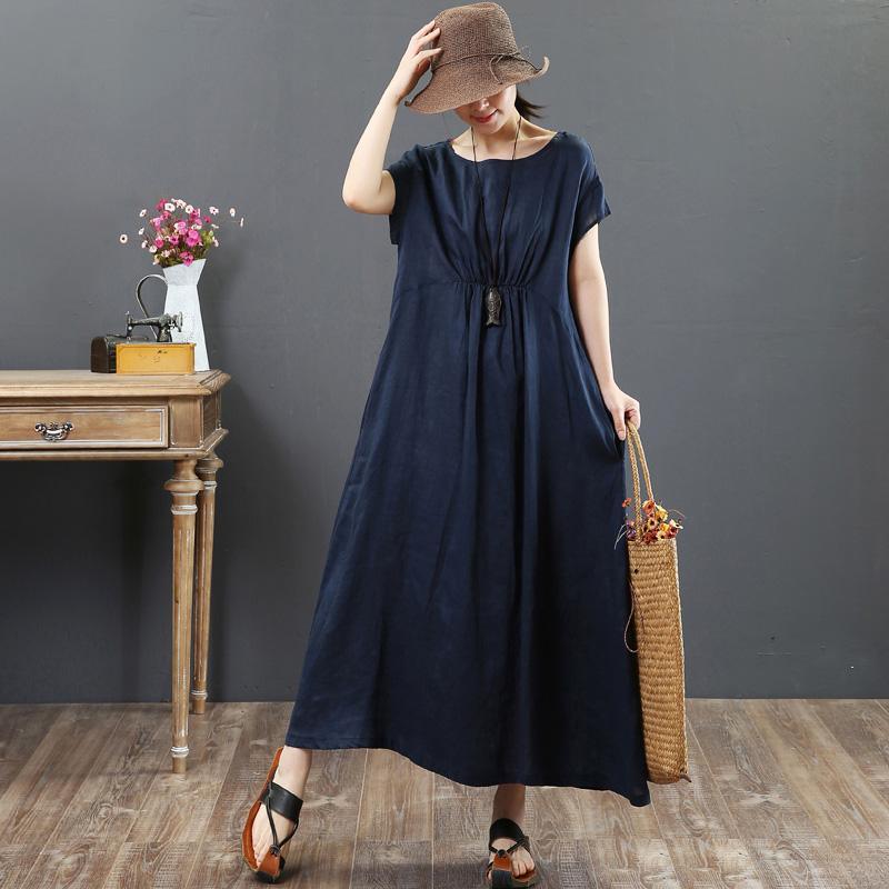 French navy linen clothes Omychic Work o neck pockets A Line Summer Dress - Omychic