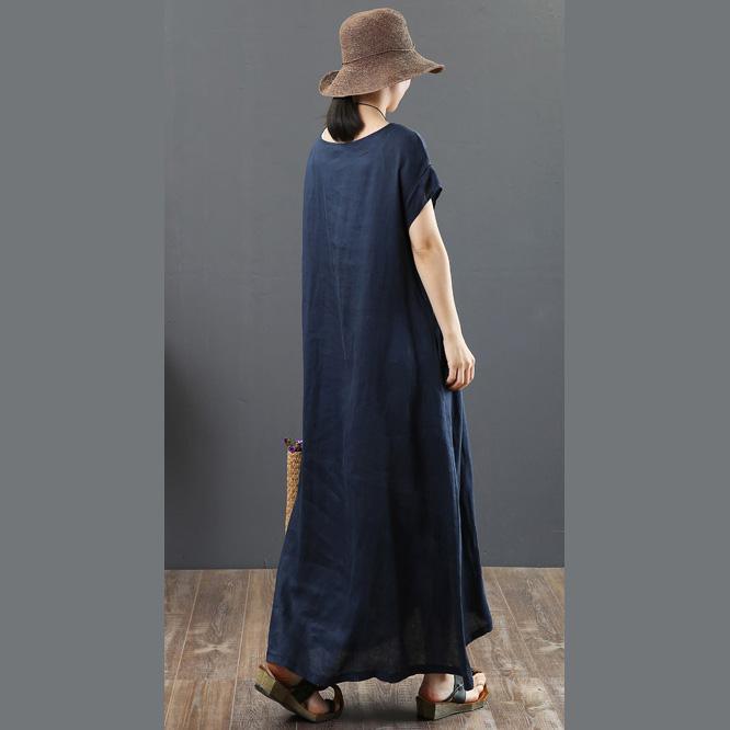 French navy linen clothes Omychic Work o neck pockets A Line Summer Dress - Omychic