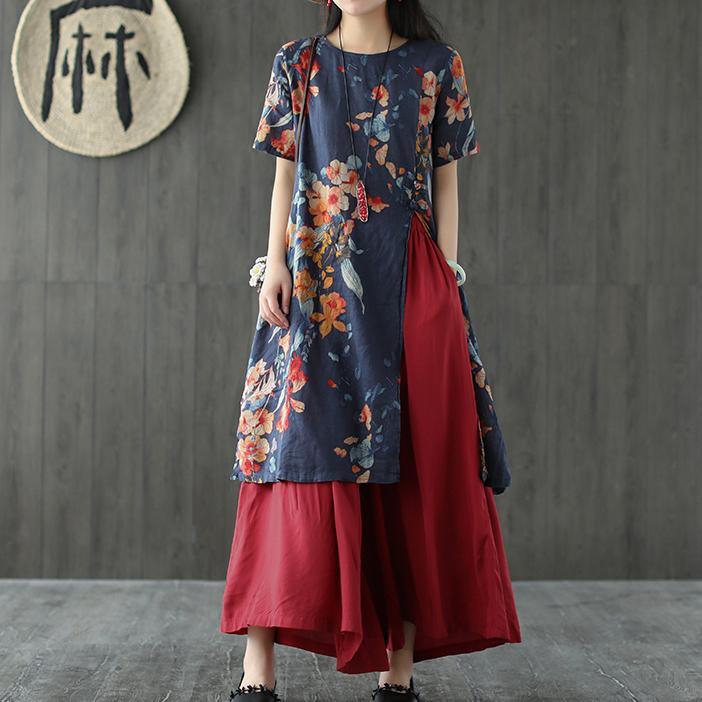French navy print linen clothes For Women o neck side open daily summer Dress - Omychic