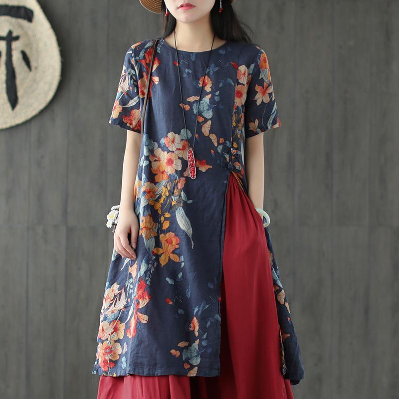 French navy print linen clothes For Women o neck side open daily summer Dress - Omychic