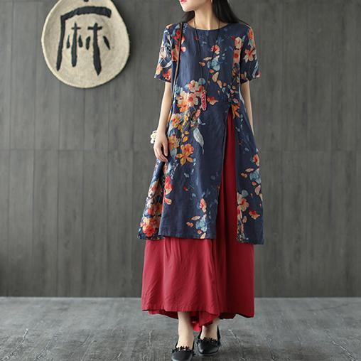 French navy print linen clothes For Women o neck side open daily summer Dress - Omychic