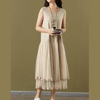 French nude cotton outfit o neck Sleeveless tulle Plus Size  summer Dresses - Omychic