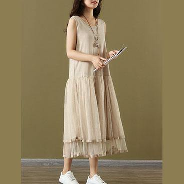 French nude cotton outfit o neck Sleeveless tulle Plus Size  summer Dresses - Omychic