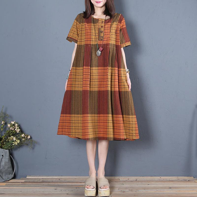 French o neck Cotton linen clothes orange Plaid Dress summer - Omychic