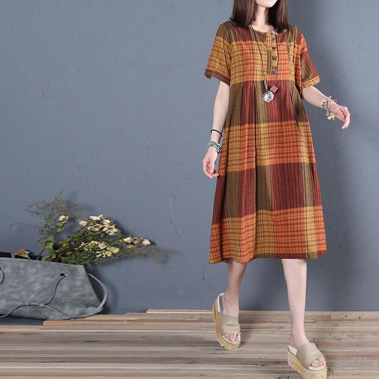 French o neck Cotton linen clothes orange Plaid Dress summer - Omychic