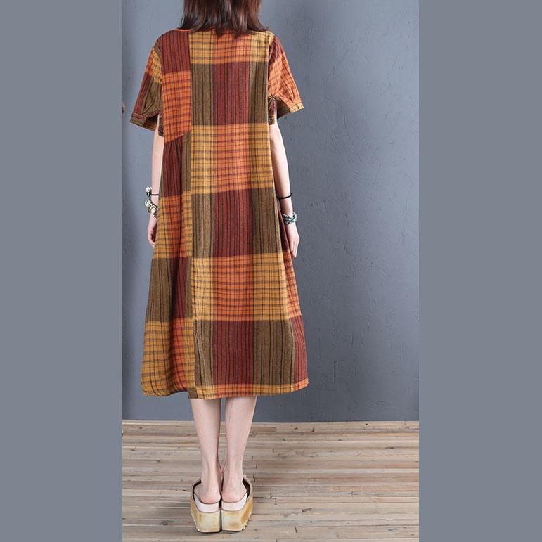 French o neck Cotton linen clothes orange Plaid Dress summer - Omychic