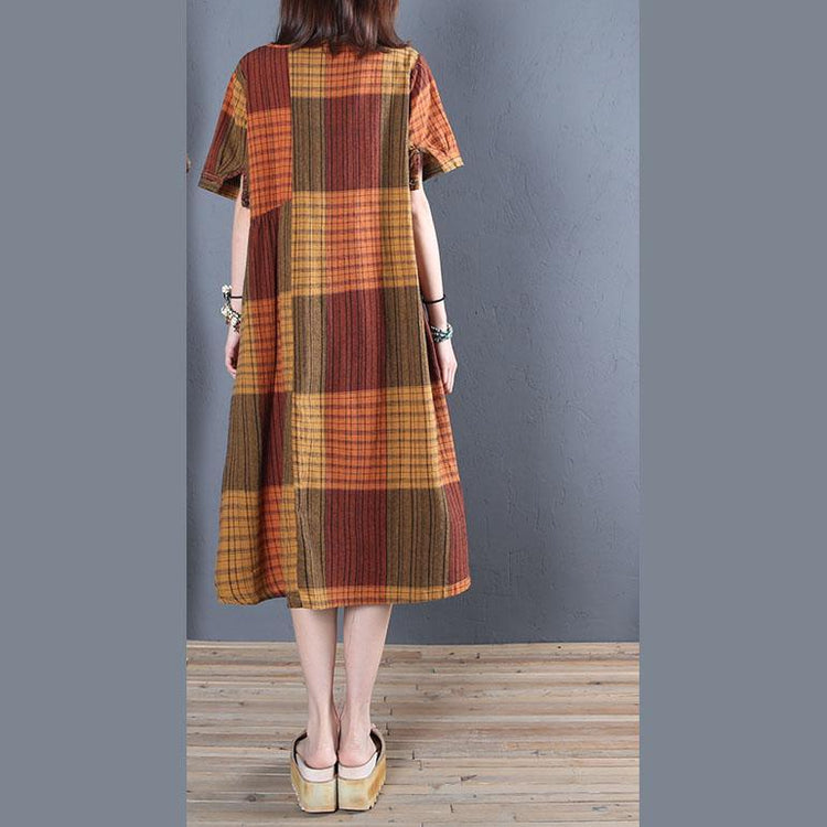 French o neck Cotton linen clothes orange Plaid Dress summer - Omychic