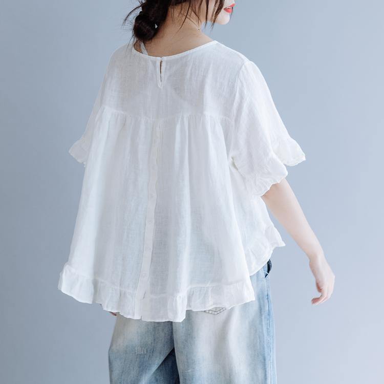 French o neck Ruffles linen clothes For Women white cotton shirt summer - Omychic