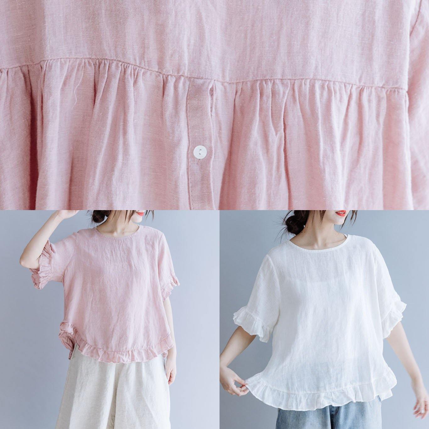 French o neck Ruffles linen clothes For Women white cotton shirt summer - Omychic