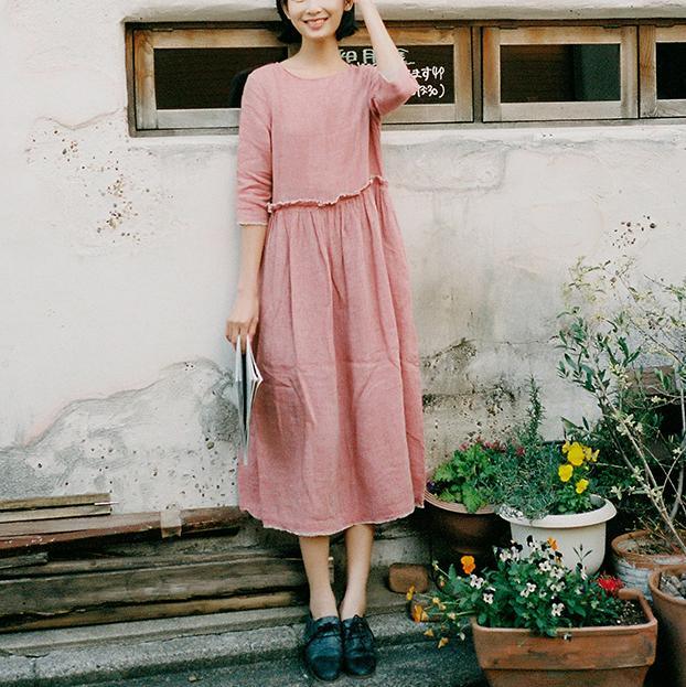 French o neck Three Quarter sleeve linen dress Korea Shirts pink Traveling Dresses Summer - Omychic