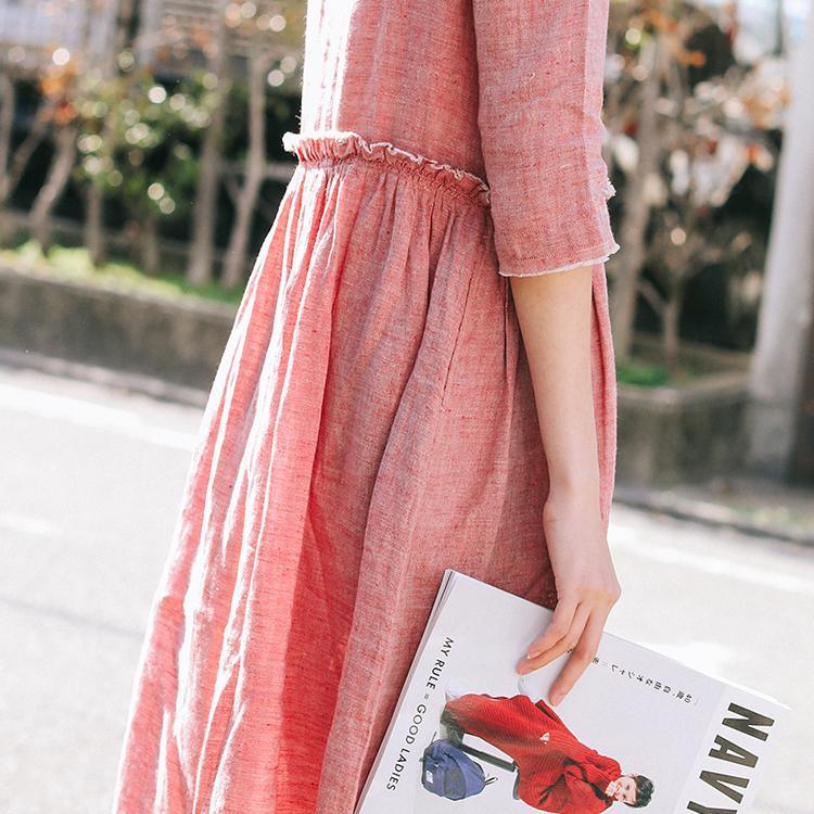 French o neck Three Quarter sleeve linen dress Korea Shirts pink Traveling Dresses Summer - Omychic