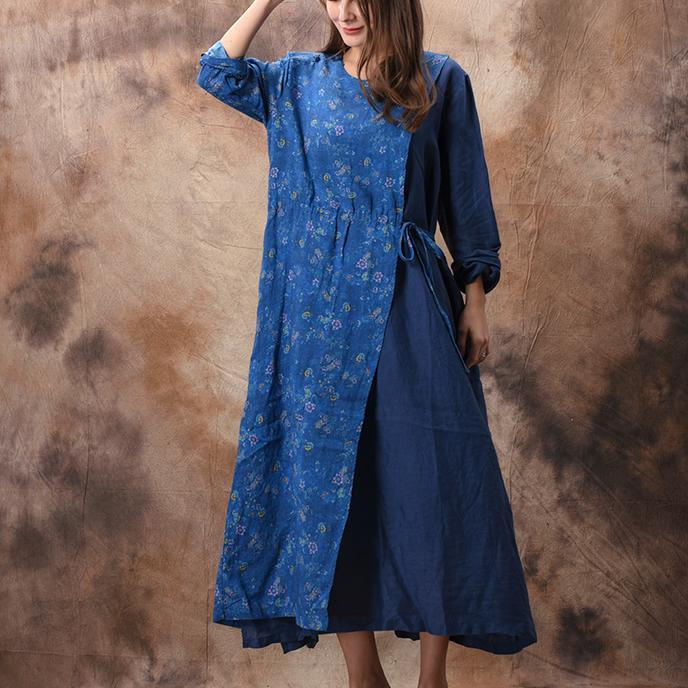 French o neck asymmetric linen cotton clothes For Women Boho Tunic Tops blue print Maxi Dresses spring - Omychic