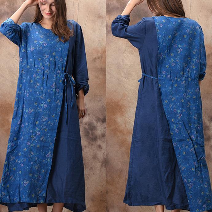 French o neck asymmetric linen cotton clothes For Women Boho Tunic Tops blue print Maxi Dresses spring - Omychic
